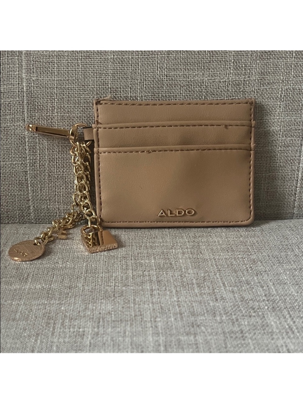 ALDO Camel tan Card Holder with Gold Charm Chain, women’s accessories